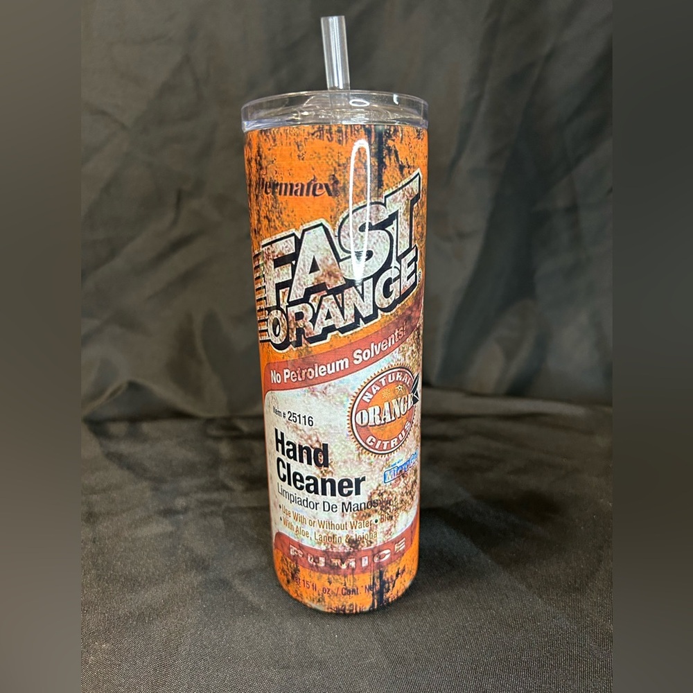 FAST ORANGE HAND SOAP SHOP CLEANER 20 OZ STAINLESS STEEL TUMBLER CUP +LID/STRAW